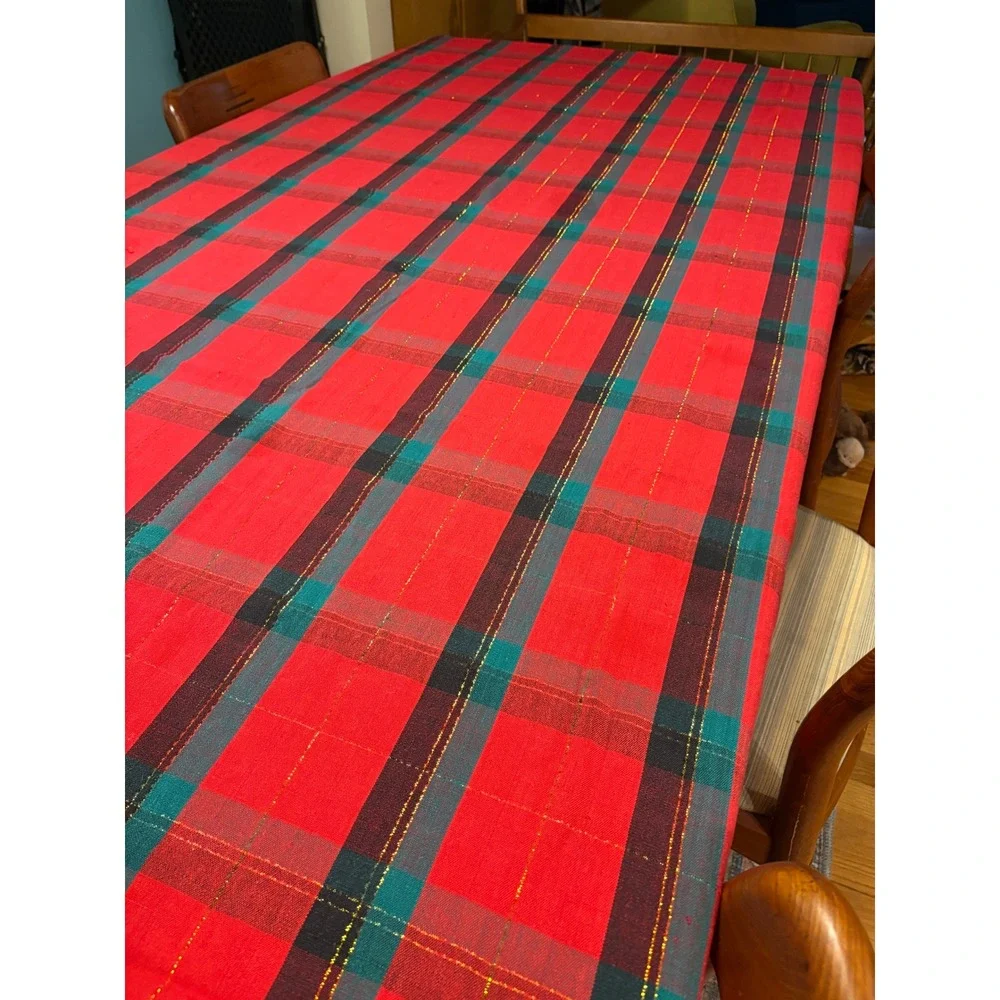 Hand Woven Plaid Tablecloth‎ Red Teal Gold Sparkle Festive Cotton  55 x 72